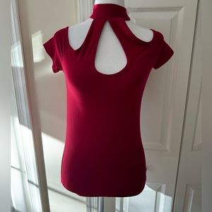 Cherry Red cap sleeve, shoulder to collar on neck is “cut out“- size S